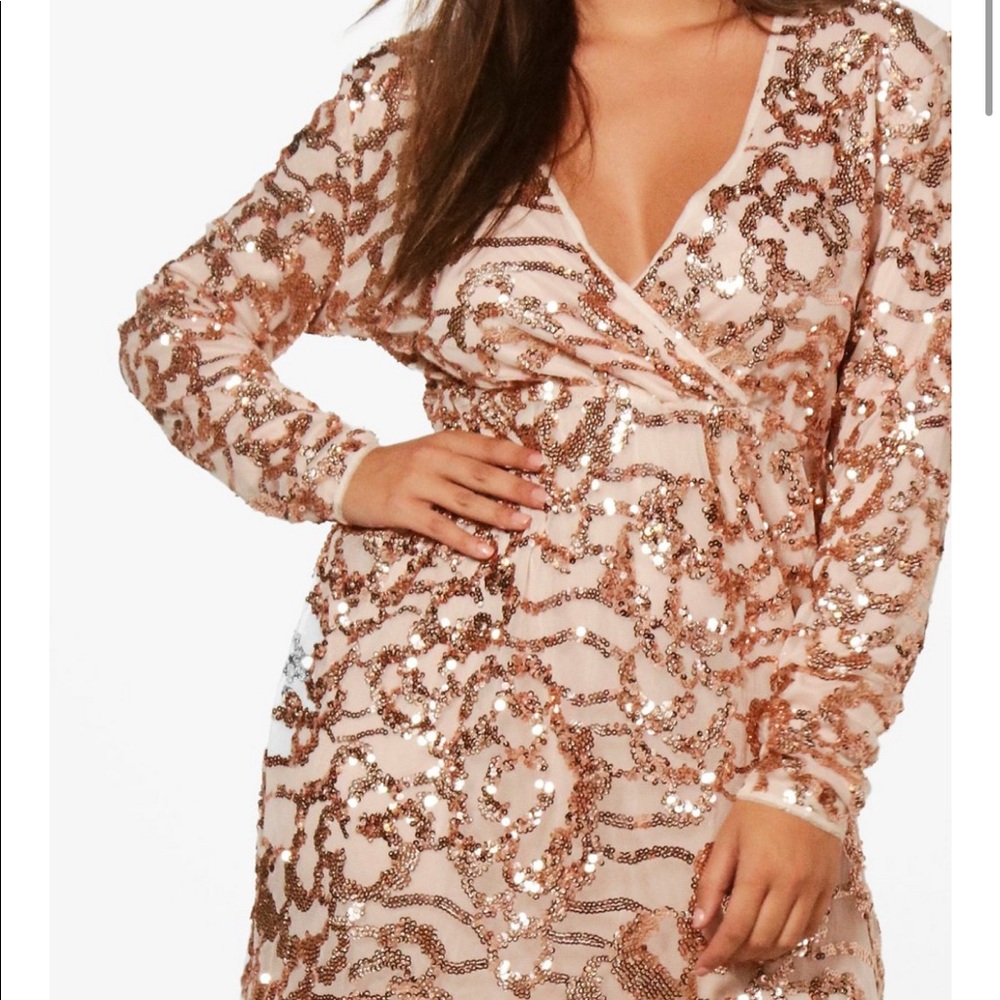 Boohoo Rose Gold Sequin Wrap Dress